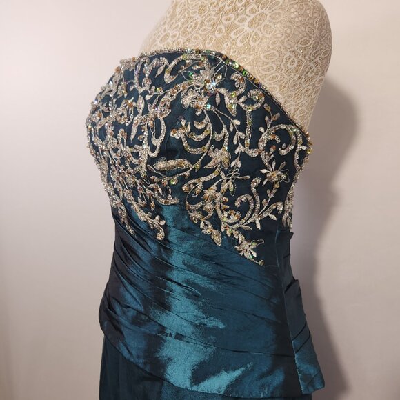 Allure Women's Size 14 Teal Strapless A-Line Appliques Taffeta Prom Dress Formal - Picture 6 of 14